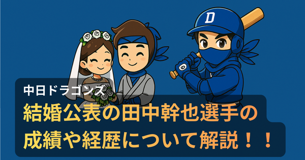 青い帽子に白い“D”の文字が入った忍者こと中日ドラゴンズの田中幹也選手と、白いウェディングドレス姿の女性が中央に小さく描かれ、背景には広い青空が広がるアニメ調イラスト。結婚を祝う穏やかな雰囲気が漂う。